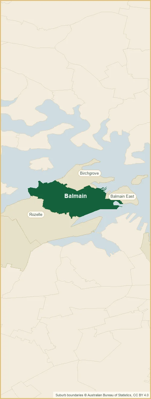Map of the Balmain plumbing service area, with Balmain shaded and the surrounding suburbs marked: Rozelle, Birchgrove, Balmain East out to Lilyfield, Millers Point, Barangaroo and more
