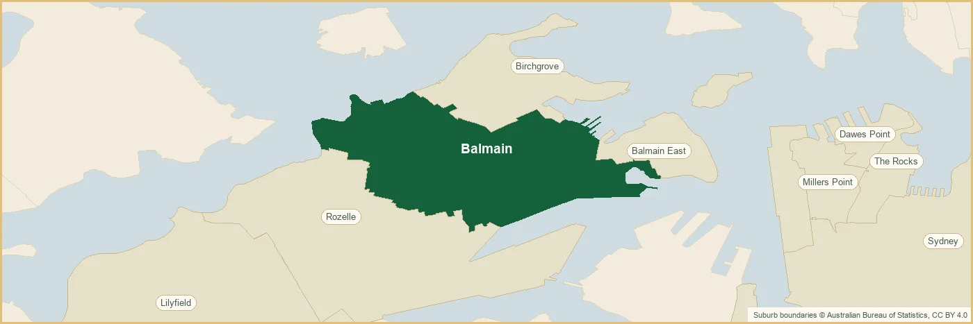 Map of the Balmain plumbing service area, covering Rozelle, Birchgrove, Balmain East, Lilyfield, Millers Point, Barangaroo, Dawes Point, The Rocks, Sydney, Rozelle, Birchgrove, Balmain East, Lilyfield, Millers Point, Barangaroo, Dawes Point, The Rocks, Sydney and Rozelle